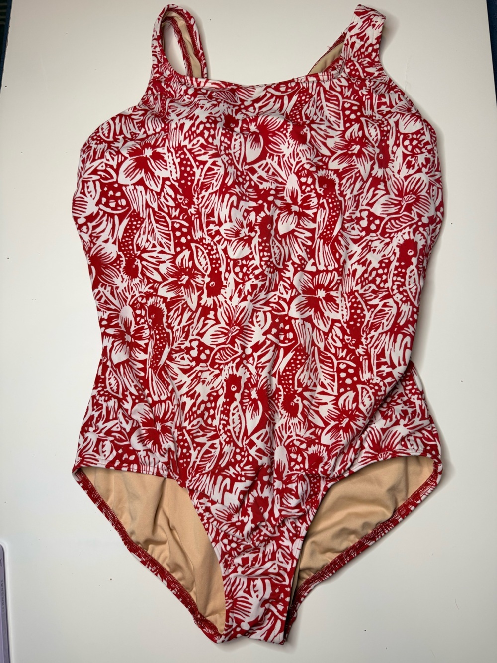 Lands' End Red and White Floral One-Piece Swimsuit Size 18W GUC